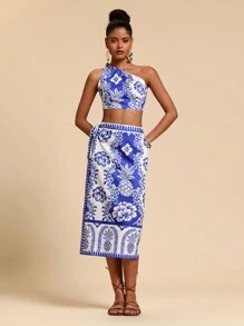 Travachic 2 件套服装：度假风格蓝白印花扭结肩上衣 + 裹身直筒裙 - 藍色 - 查看 5