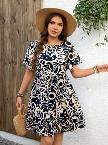 SHEIN LUNE Plus Size Casual All-Over Print Short Sleeve Dress Women Boho/Bohemian Dress  Summer Outfits For Women Vacation Outfits Woman Beach Outfits For Woman