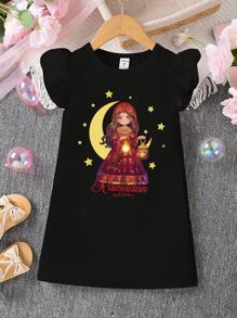 Robe imprimée de croissant de lune pour le ramadan, manches courtes, convenant aux jeunes filles pendant le ramadan