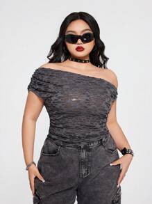 SHEIN ICON Plus Size Punk Style Oblique Shoulder Burnout T-Shirt, Minimalist Fashion Casual Everyday Wear