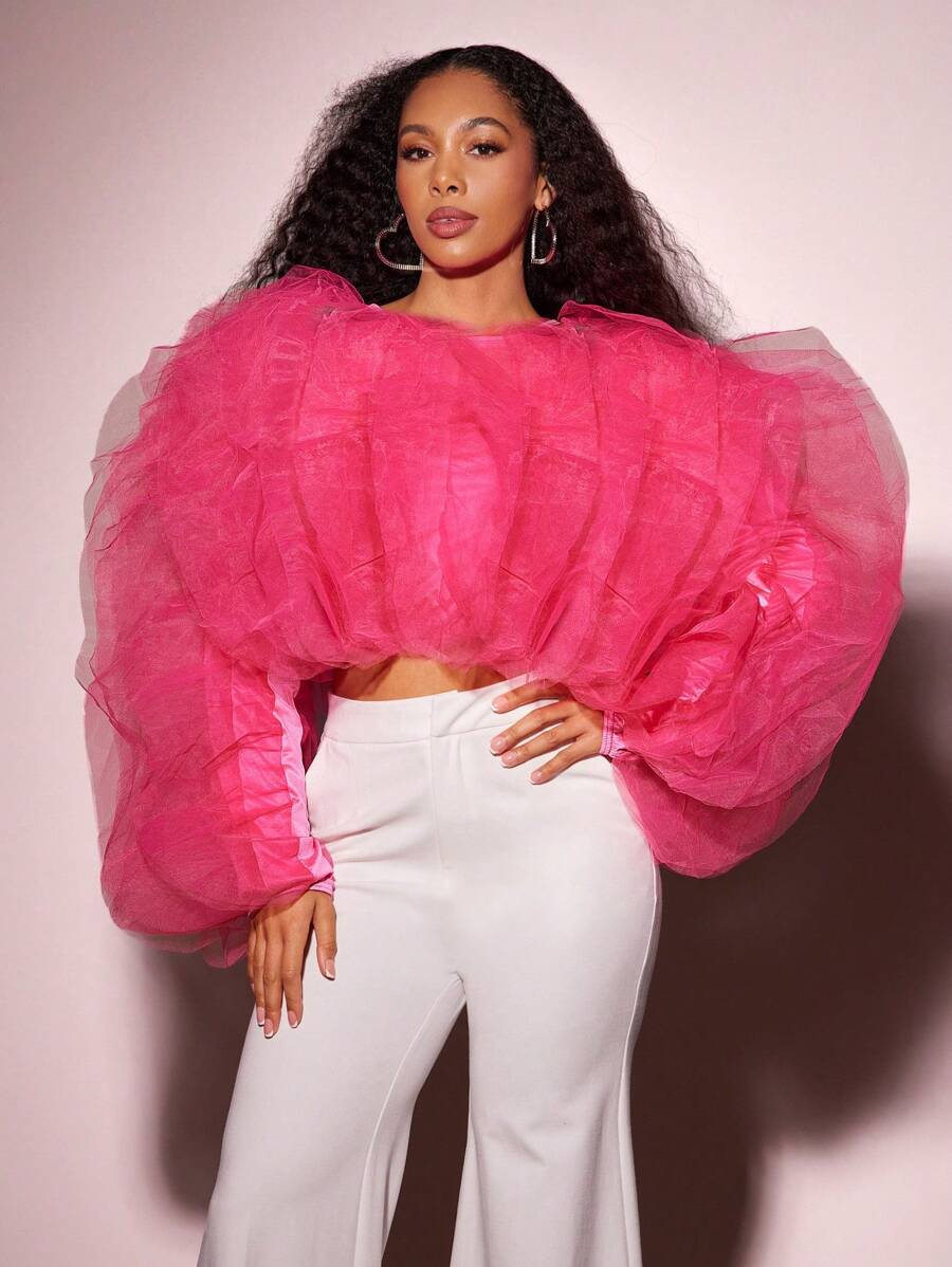 Vixey 雪纺层叠荷叶边长袖短款上衣，波西米亚风，夏季上衣