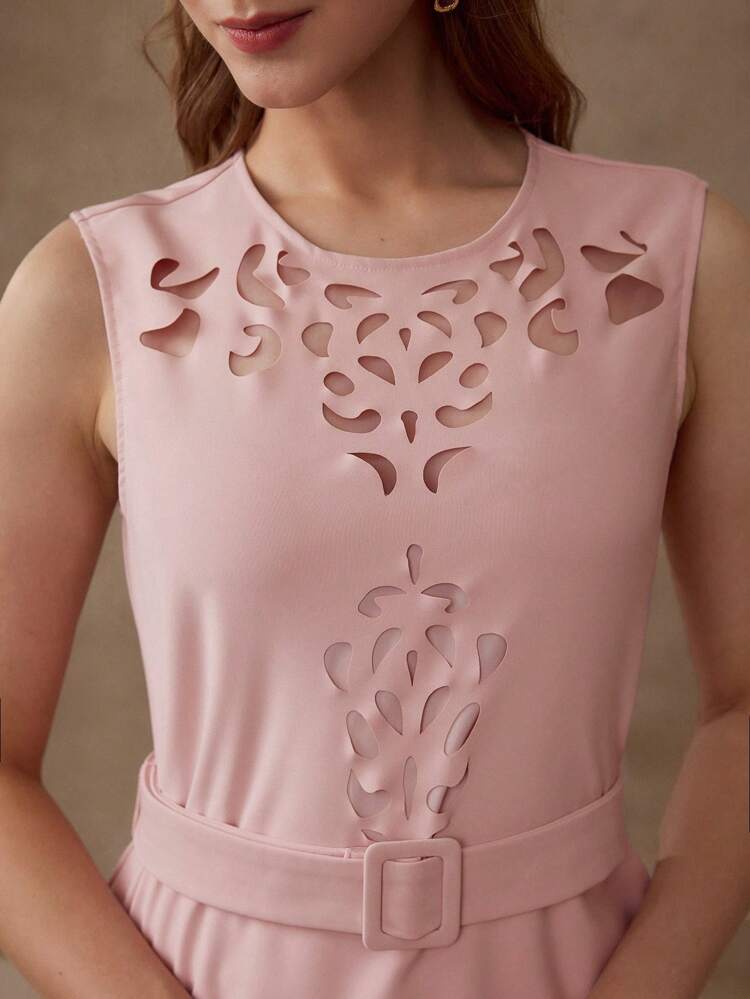 CUT OUT BELTED SLEEVELESS BLOUSE