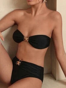 SHEIN Swim Damen Bikini-Set Bademode mit Seestern Dekor, Bandeau-Stil, für Sommer Strandurlaub - Schwarz - Übersicht 3