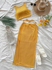 Soleia 2 件套针织钩编风格露背短款上衣和开衩下摆裙子，度假/音乐节，波西米亚风 - 黃色 - 查看 1