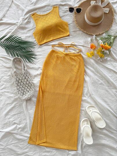 Soleia 2 件套针织钩编风格露背短款上衣和开衩下摆裙子，度假/音乐节，波西米亚风