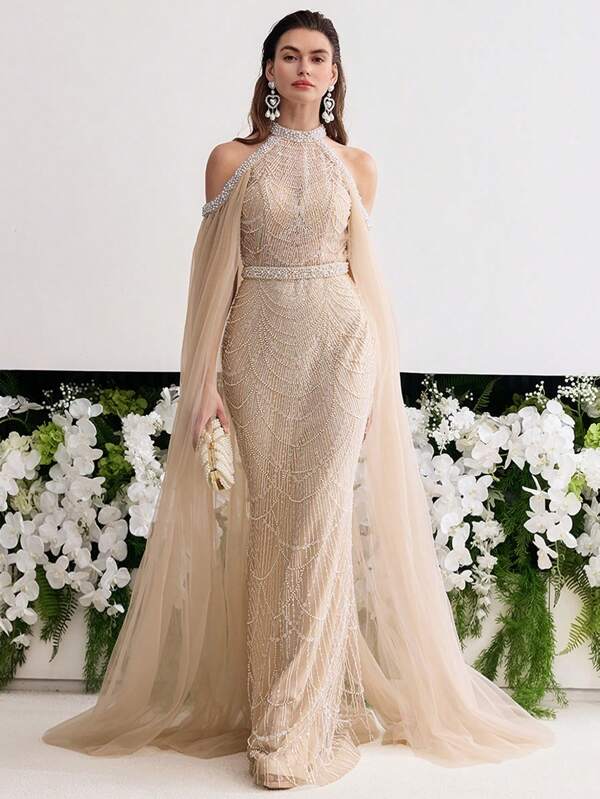 MOTF Soiréza LUXURY PEARL EMBELLISHED HALTER NECK COLD SHOULDER BEADED FORMAL DRESS EVENING GOWN