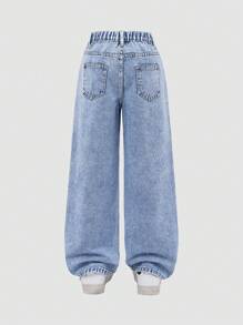 Tween 女童口袋阔腿宽松休闲百搭牛仔裤 - 淺色水洗藍 - 查看 2