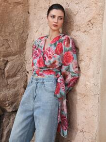 Aveloria Rosie Französischer schicker Resort-Stil Tropischer Blumenprint Chiffon-Wickelbluse mit V-Ausschnitt, Bindetalje und schmaler Passform, Crop-Langarmbluse für Damen - Verschiedenfarbig - Übersicht 3