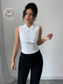 Elenzga Women's Bow Rhinestone Embellished Waist Ruffled Textured Fabric Splice Waist White Tank Top - White - View 3