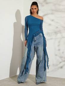 Glamine 浪漫春季不对称水母丝带荷叶边不对称斜肩短袖纯色紧身弹力网眼女式T恤 - 藍色 - 查看 6