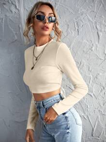 Firerie Women Solid Crew Neck Long Sleeve Cut-Out Back T-Shirt