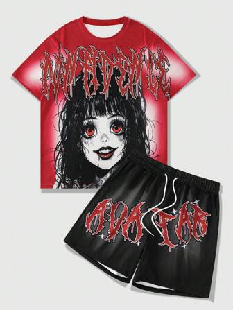 Anime Men's Anime Letter Print Round Neck Short Sleeve Casual T-Shirt And Drawstring Waist Shorts Set