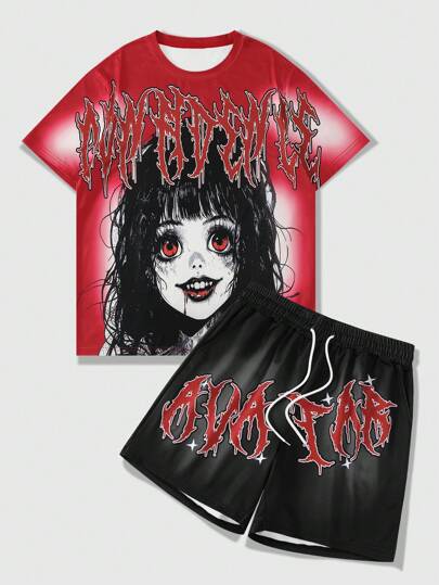 Anime Conjunto de camiseta de manga corta con cuello redondo y estampado de letras informal y pantalones cortos con cordón en la cintura para hombre