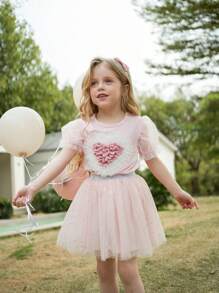SHEIN Young Girls' Puff Sleeve Heart Decor Mesh Puff Sleeve Short Sleeve T-Shirt, Comfortable Round Neck, Cute & Fashionable, Spring & Summer