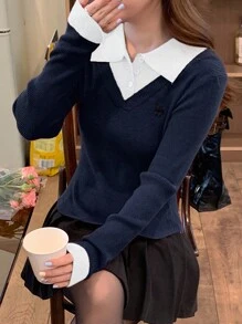 DAZY Áo len dài tay 2 trong 1 thêu màu tương phản mùa xuân dành cho nữ, quần áo mùa thu dành cho nữ - Màu xanh lam - Xem 1