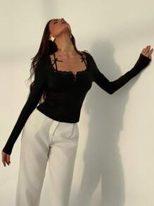 Aloruh Women's Solid Color Contrast Lace Bow Decor Long Sleeve T-Shirt