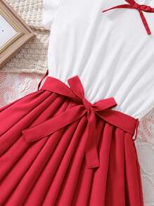 Tween Girl Elegant Waist Cinch A-Line Full Pleated Dress, Pink & White Color Block, Suitable For Party,Holiday Summer Travel - Red - View 3
