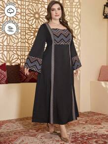 Al Najma Vestido elegante de talla grande con cuello cuadrado, cintura ceñida y borde acampanado con efecto de empalme - Multicolor - Ver 4