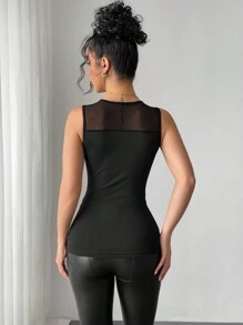 Selianne Áo ba lỗ cổ tròn phối lưới màu trơn cho nữ - màu đen - Xem 2