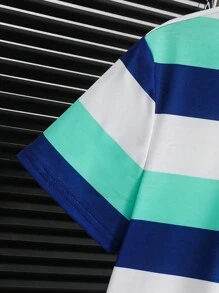 SHEIN 短裤 夏季上衣 夏季连衣裙 夏季上衣 裤子 白色上衣 青少年男孩休闲条纹短袖 Polo 衫 - 白色 - 查看 3