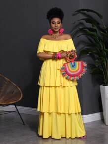 Slaydiva Plus Size Women 2025 New  Butter Yellow Arrival Casual Daily Beach Off Shoulder Layered Ruffle Belted Dress, Suitable For Spring/Summer - Yellow - View 6