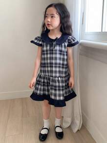 DAZY Young Girls' Plaid Bow Decor Ruffled Hem Cute Dress - Navy Blue - View 2