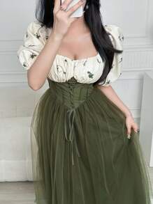 Feyla Women's Elegant Color Block Floral Print Mesh Splice Long Dress - Green - View 1