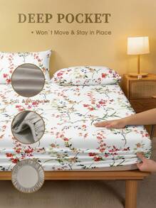 1Pc Botanical Floral Flower Pattern Fitted Sheet, Mattress Protector, Love Valentine's Day Mattress Cover For Bed, Bed Sheet, Soft And Breathable, For All Size Bed -Twin, Full, King, Queen Size Sheet Deep Pocket Home Textile. Back School Season, Dormitory Beds - White - View 4