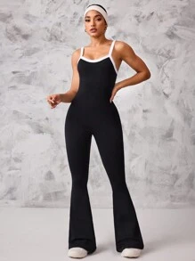 Easithlete 1 件喇叭腿连体裤 / 撞色设计 + 黑色 / 常规连体裤 / 无缝 / 瑜伽 + 健身