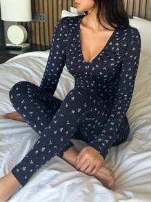 DAZY 女士碎花V领长袖上衣和裤子修身睡衣套装，秋冬服装 - 藏蓝色 - 查看 5