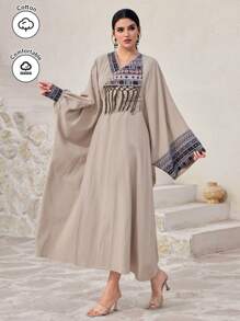 Al Najma Vestido de manga larga, estilo árabe modesto, con parches de unicolor y decoración con flecos para mujer - Albaricoque - Ver 6