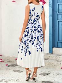 Ellevyn Elegante ronde hals, geplooide voorkant, bloemenprint, blauwe, middellange bodyconjurk voor dames, vakantie- en Valentijnsdagjurk