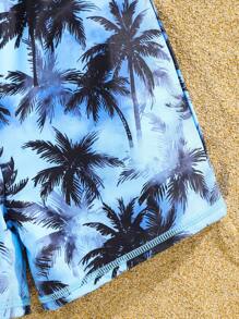 SHEIN 2 件套青少年男孩休闲字母和棕榈树印花泳衣上衣和泳裤套装，非常适合海滩度假、游泳、冲浪，物超所值 - 藍色 - 查看 8
