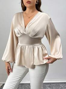 Flirla Camisa de manga larga con escote en V de satén, cintura fruncida, unicolor, elegante, talla grande, para primavera/otoño - Crema - Ver 5
