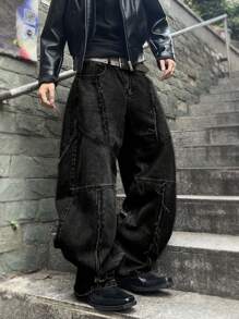 Men's Fashionable Distressed Flared Leg Jeans - Black - View 1
