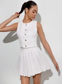 Aveloria Affinna Conjunto de traje de mujer de estilo simple de moda con chaleco corto con botones al estilo chic francés campus combinado con falda mini plisada de cintura alta formando un conjunto de tweed - Blanco - Ver 1