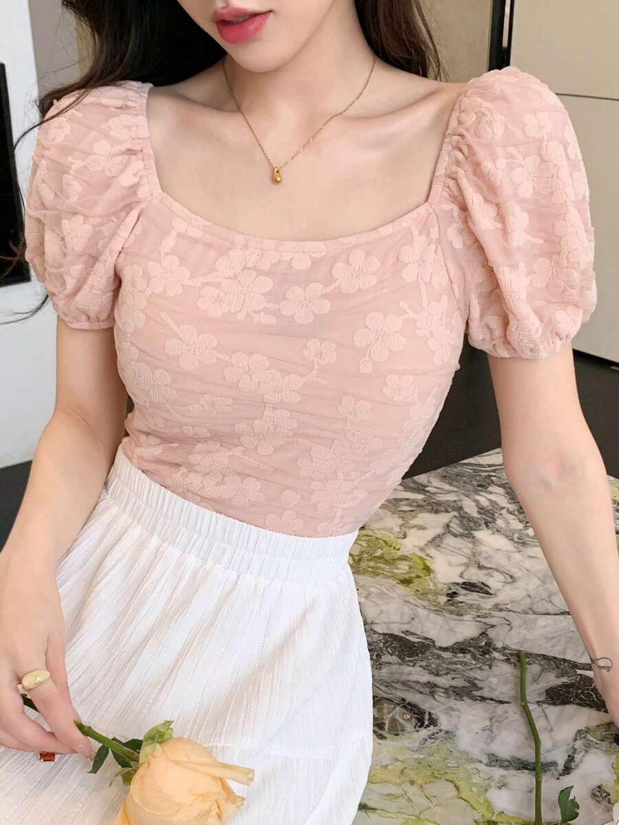 DAZY 纯色花卉纹理泡泡袖修身方领女式衬衫夏季薄纱露脐上衣女式可爱上衣 - 粉色 - 查看 1
