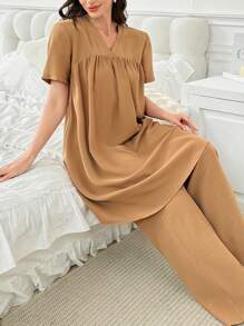 2pcs/Set Women Solid V-Neck Short Sleeve Sleepwear Top And Pants Pajama Set