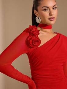 SHEIN BAE Women's Asymmetric Hollow Out Bodycon 3D Floral Ruched Long Sleeve Mini Dress, Spring/Summer Vacation Beach, Autumn/Winter Early Spring, Sexy Minimalist Elegant - Red - View 4