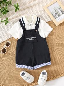 SHEIN Leap Crew 2件套男婴可爱休闲学院风短袖字母印花polo衫和背带短裤套装（含内衣），适合生日派对、晚宴、演出、婚礼、迎婴派对、一周岁生日庆祝等场合。 - 彩色 - 查看 13