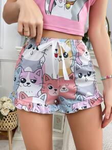 Cute Summer Cat Pattern Women Pajama Bottoms - Multicolor - View 1