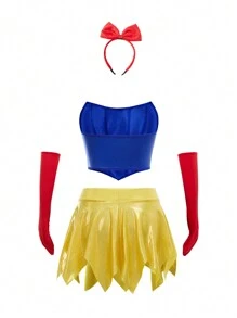 4pcs  Set: Headband + Gloves + Skirt + Top, Blue & Yellow Color Block, Suitable For Teens - Multicolor - View 2