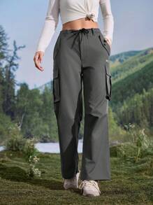 In My Nature Women's Casual Minimalist Drawstring Waist Cargo Hiking Pants - Dark Grey - View 3