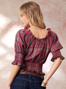 Easelle Women's Casual Retro Red Plaid Puff Sleeve Shirred Frill Trim Slim Fit Blouse - Red - View 3