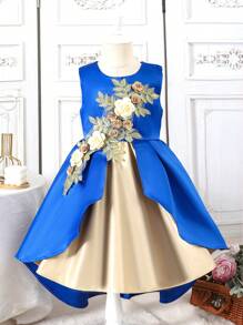 Mädchen bunte Blockfarben Floral 3D Dekor Kleid - Blau - Übersicht 3