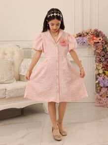 SHEIN Tween Girl And Toddler Girl Casual Stylish Ruffle Wave Hem Houndstooth Print Splice Contrast Color Dress, Suitable For Summer Wear, Can Be Worn As Inner Or Outer Layer, Comfortable Soft Fabric For Casual Occasions, Parties, Holidays, School Etc. - Pink - View 4