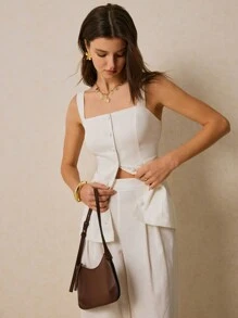 Poéselle Women's Two-Piece White Two-Piece Button-Down Top And Wide-Leg Pants 2pcs Women Elegant Commuter Solid Color Front Button Camisole & Wide Leg Pants Set Linen Vest Set Women Two Piece Sets Beach Women Outfits Summer Women Outfit Women Clothes Workout Women Sets Summer Clothes Summer Women Clothes Women Suits White Women Outfits Office Women Outfits Summer Sets Women Linen Pants Western Wear Women Festival Boho Hippie Old Money Bohemian - White - View 2