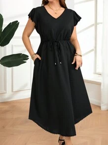 EMERY ROSE Plus Size Women Casual Solid Black Waist Cinched V-Neck Dress,Elegant Dress,Vacation Outfits Woman,Dresses For Women Summer,Casual Everyday Wear