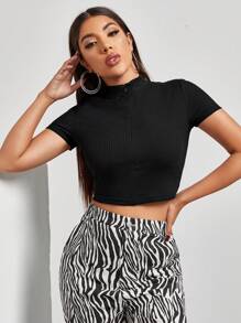 SHEIN Essnce Áo thun Dây kéo màu trơn Giải trí - màu đen - Xem 4