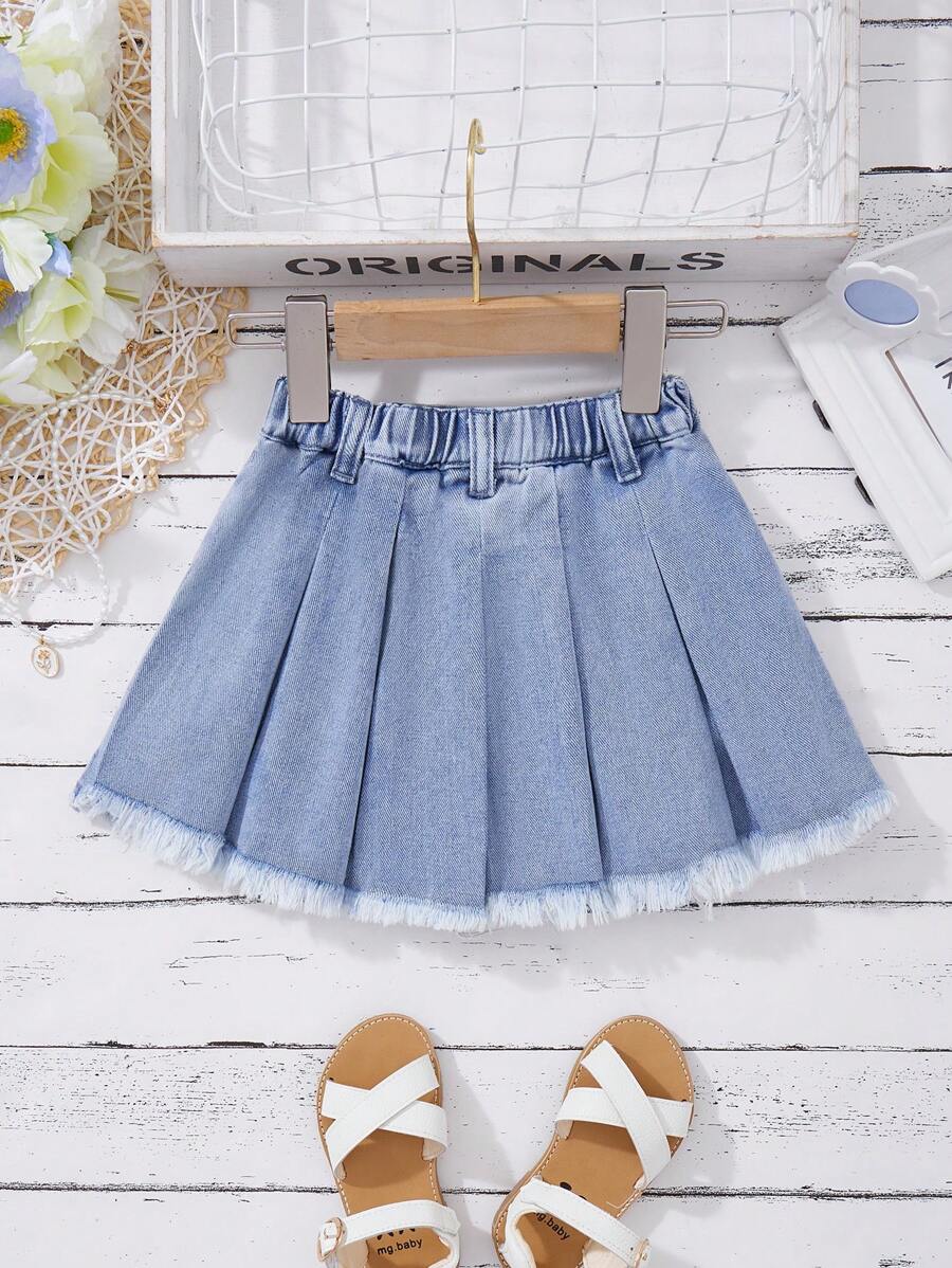 SHEIN Baby Girl Y2K Blue 2025 New Denim Ruffled A-Line Mini Skirt - Light Wash - View 1